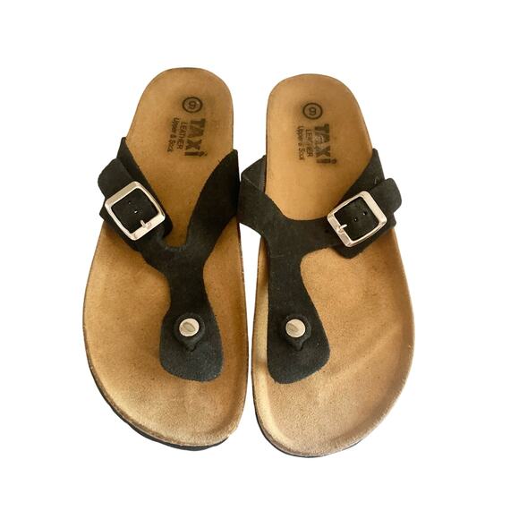 Taxi Women's Black Suede Sandals Size 9 Footbed T-Strap Buckle - Picture 1 of 6